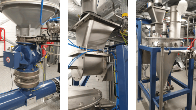 TBMA biological wastewater wastewater purification Pacas installation silo rotary valve screw conveyor LIW feeder vortex hopper vessel